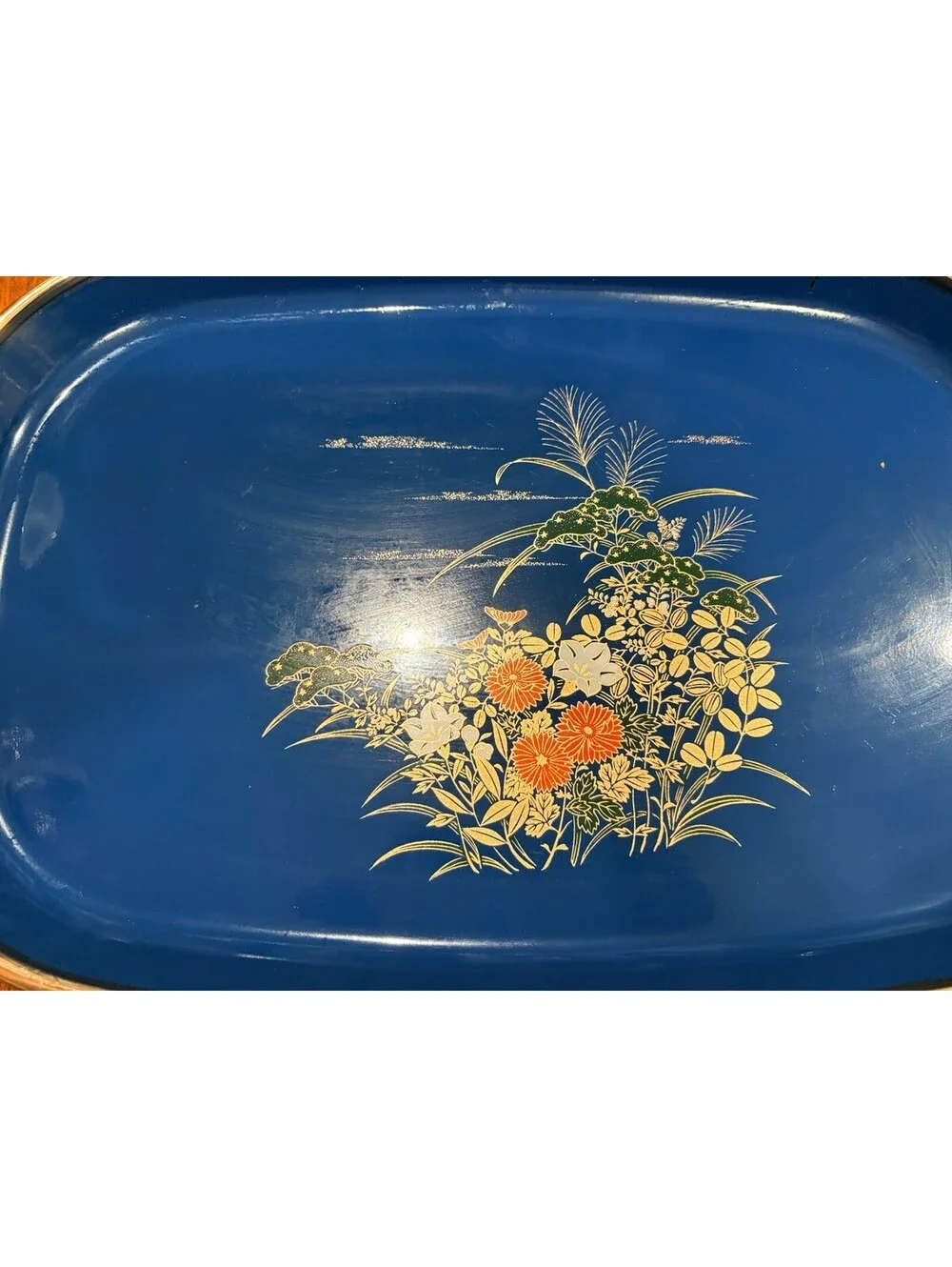 Vintage Japanese Lacquerware Serving Tray Blue Floral Gold Trim Made Japan